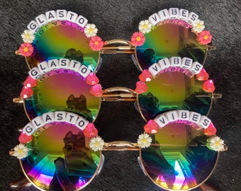 GLASTO / GLASTONBURY Round Rainbow Mirror Flower Festival Sunglasses - Custom Text Available