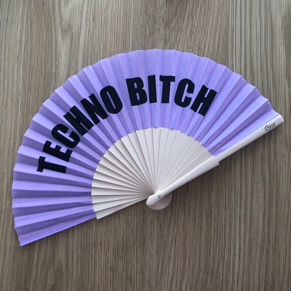 TECHNO BITCH Lilac & Black Wooden/ Fabric Spanish Folding Hand Fan