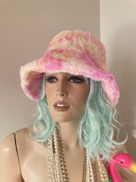 Fluffy Pink & Yellow TIE DYE Faux Fur Bucket Hat