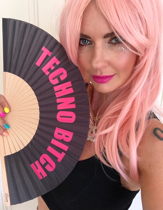 TECHNO BITCH Black & Pink Wooden/ Fabric Spanish Folding Fan