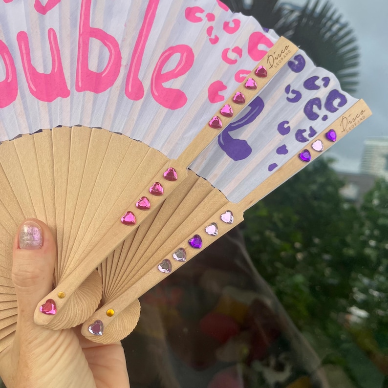 Personalised CUSTOM TEXT / DESIGN Black or White Print Folding Festival / Rave / Party Hand Fan HEART GEMS ADDED