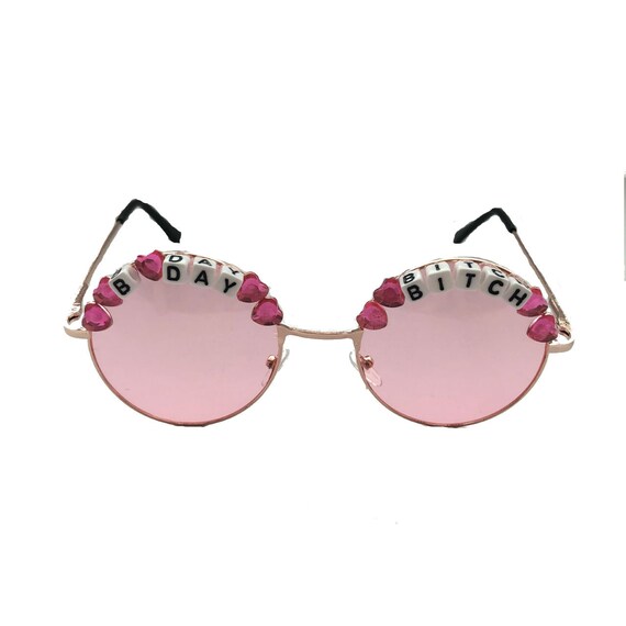 BDAY <3 BITCH Heart Round Tint Birthday Party Festival Sunglasses - Custom Designs Available