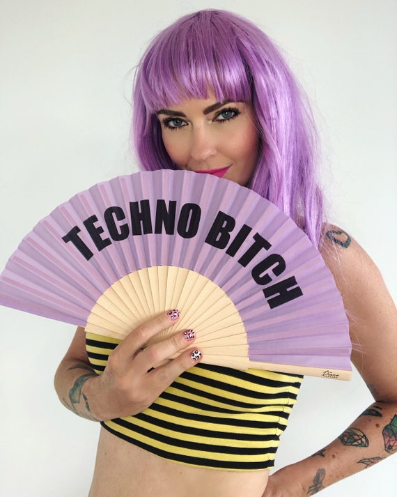 TECHNO BITCH Print Lilac & Black Wooden/ Fabric Spanish Folding Hand Fan