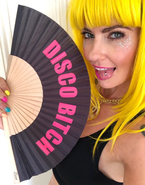 DISCO BITCH Black & Pink Wooden/ Fabric Spanish Folding Hand Fan