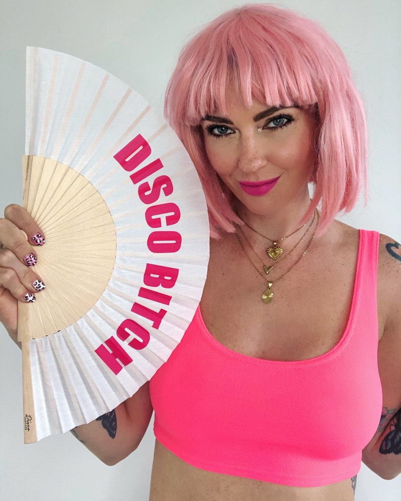 DISCO BITCH White /& Pink Wooden Fabric Spanish Folding Hand Fan