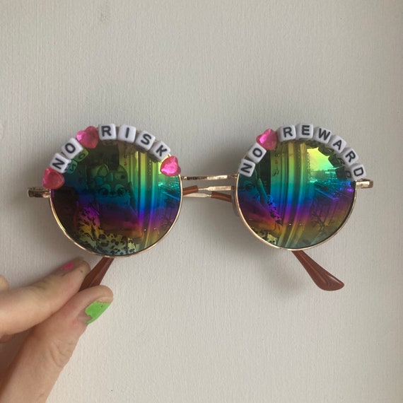 No RISK No REWARD Round Rainbow Mirror Festival Sunglasses - Custom Designs Available