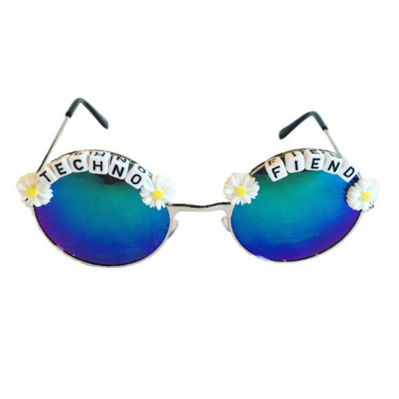 TECHNO <3 FIEND Round Blue/ Green Daisy Mirror Festival Sunglasses - Custom Designs Available