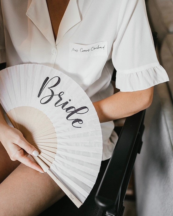 BRIDE Print White Folding Bamboo & Fabric Hand Fan for Hen or Wedding / Bachelorette / Gift