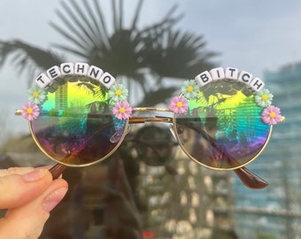 TECHNO BITCH Round Rainbow Mirror Flower Festival Sunglasses - Custom Designs Available