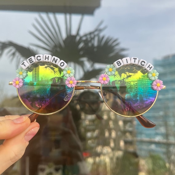 TECHNO BITCH Round Rainbow Mirror Flower Festival Sunglasses - Custom Designs Available