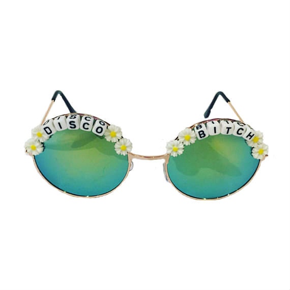 DISCO <3 BITCH Round Turquoise Mirror Festival Sunglasses - Custom Designs Available