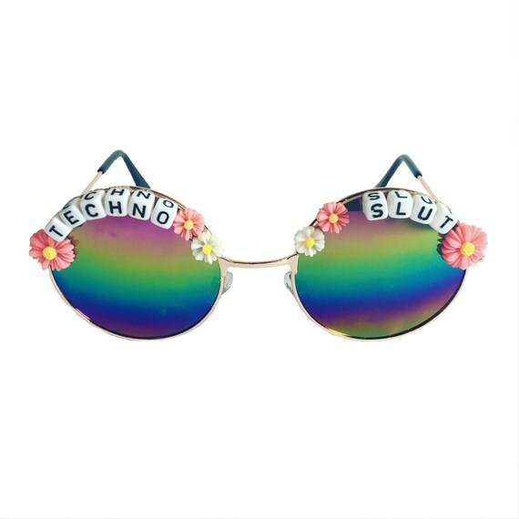 TECHNO <3 SLUT Round Rainbow Mirror Festival Sunglasses - Custom Designs Available