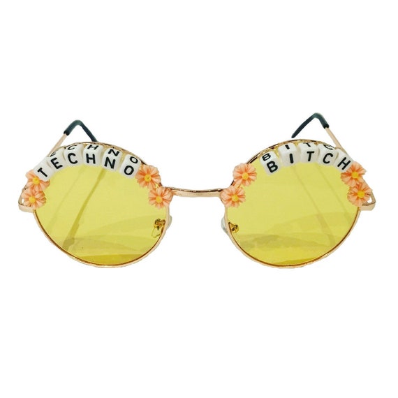 TECHNO <3 BITCH Round Colour Tint Festival Sunglasses - Custom Designs Available