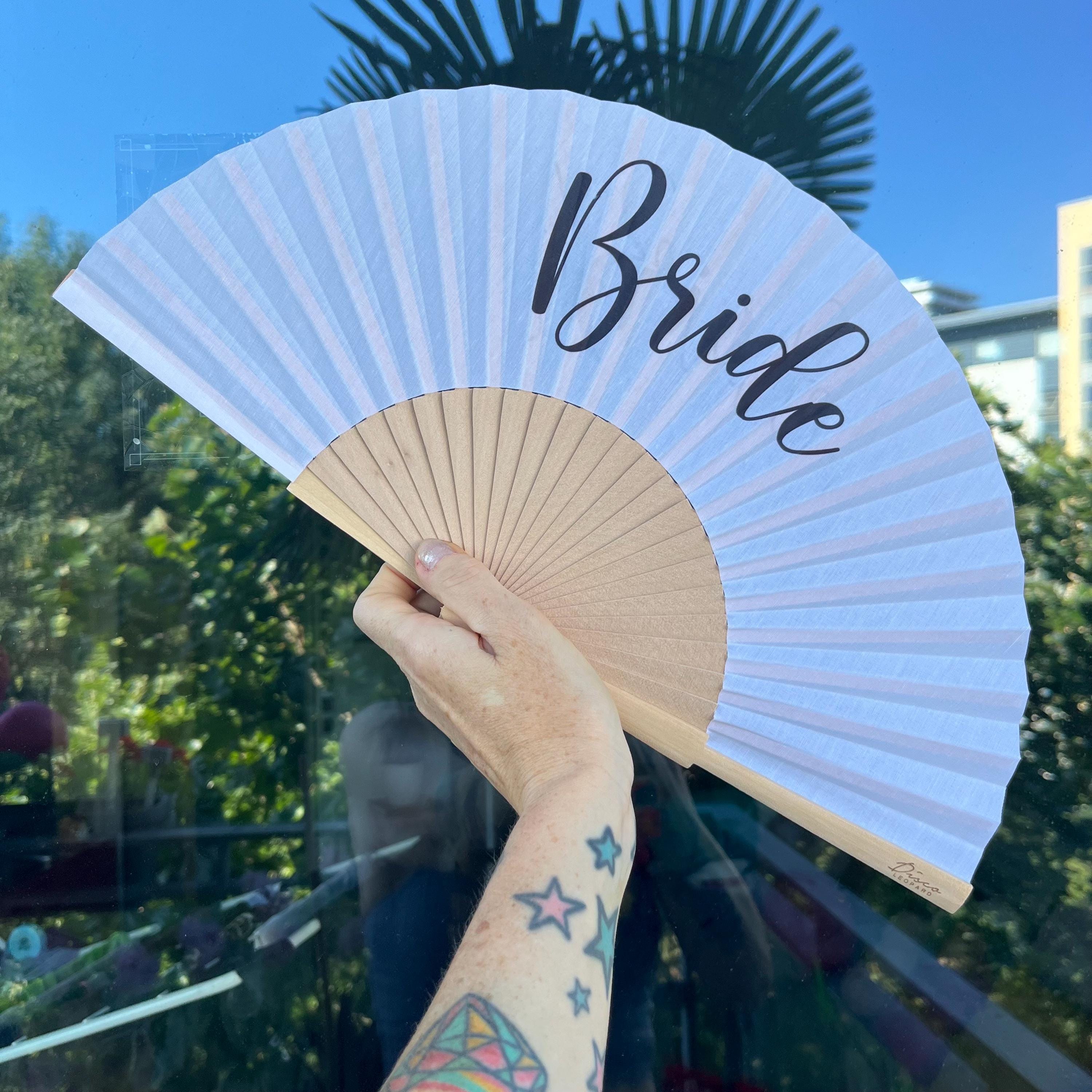 DEFECT/ Discount BRIDE Print White Folding Wood & Fabric Hand Fan for Hen/ Bachelorette or Wedding