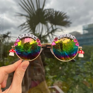 CUSTOM TEXT Mushroom Charm Round Party / Festival Sunglasses - Personalise Your Own