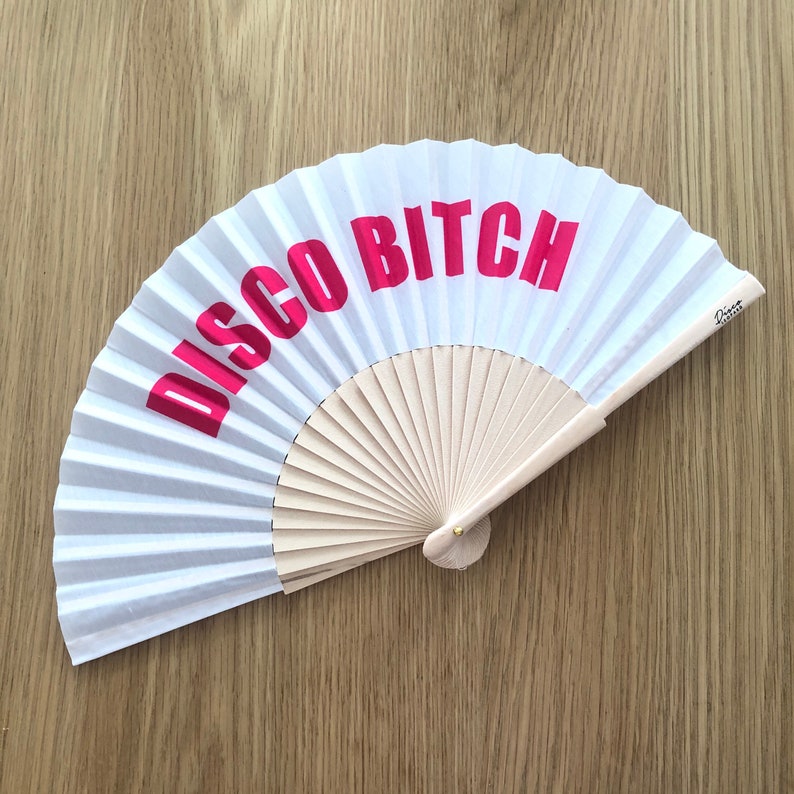 DISCO BITCH White /& Pink Wooden Fabric Spanish Folding Hand Fan