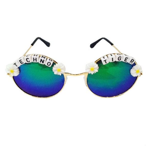 TECHNO <3 TIGER Round Blue/ Green Daisy Mirror Festival Sunglasses - Custom Designs Available