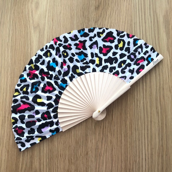 Multi Colour Leopard Print Wooden/ Fabric Spanish Folding Hand Fan