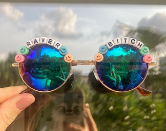 CUSTOM TEXT Smiley Face Round Rave Festival Sunglasses - Custom Designs Available