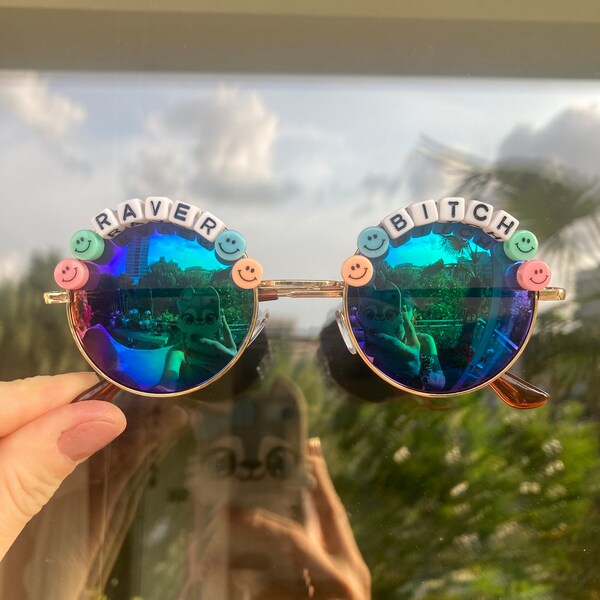 CUSTOM TEXT Smiley Face Round Rave Festival Sunglasses - Custom Designs Available