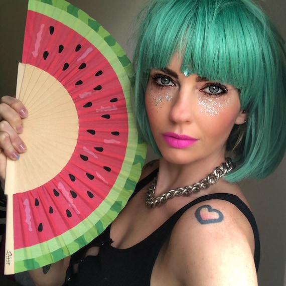 WATERMELON Fruit Print Wooden/ Fabric Spanish Folding Hand Fan