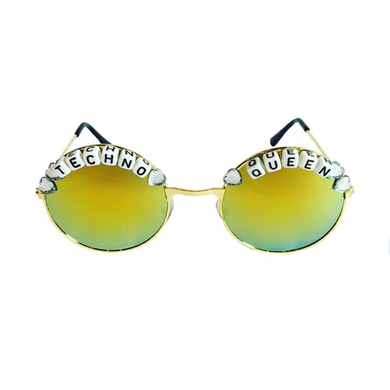 TECHNO <3 QUEEN Round Mirror Heart Festival Sunglasses - Custom Designs Available