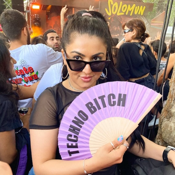 TECHNO BITCH Purple Print Folding Festival / Rave / Party Hand Fan