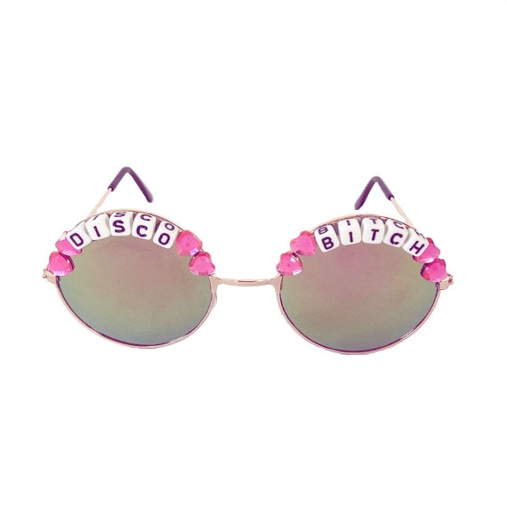 DISCO <3 BITCH Round Pink /Turquoise Mirror Festival Sunglasses - Custom Designs Available