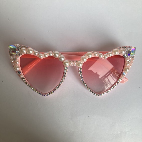 Iridescent Jewel & Pearl Pink Heart Festival Sunglasses