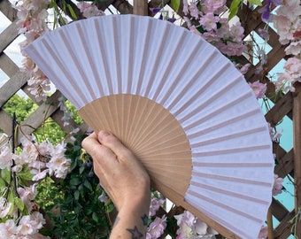 White Fabric & Bamboo Folding Wedding/ Festival / Rave / Party Hand Fan