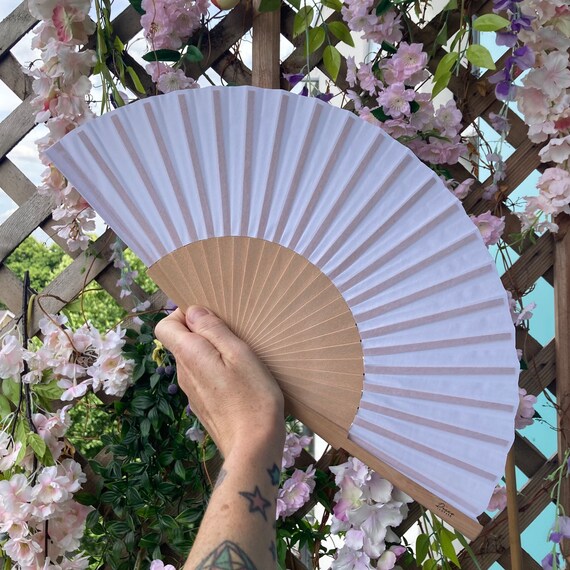 White Wedding Folding Fabric & Wood Hand Fan