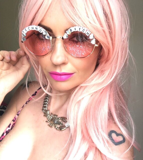 TECHNO <3 BITCH Round Colour Tint Festival Sunglasses - Custom Designs Available