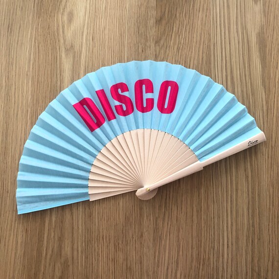 DISCO BITCH Blue & Pink Wooden/ Fabric Spanish Folding Hand Fan