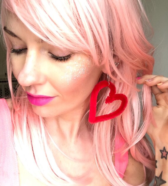 Red Fluffy Heart Festival Earrings