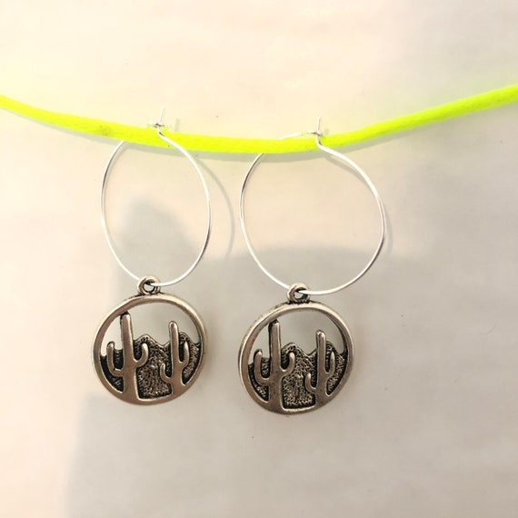 Cactus silver drop hoop earrings