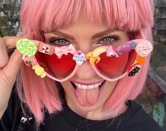 Candy Cake Pink Heart Festival Sunglasses / Party / Rave / Birthday / Kandi / Cute / Kawaii