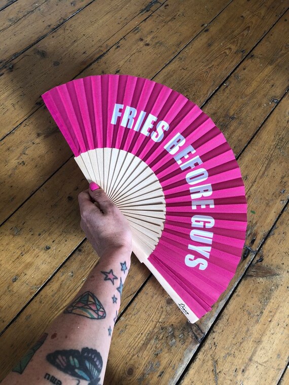 FRIES BEFORE GUYS Pink Wooden/ Fabric Spanish Folding Hand Fan
