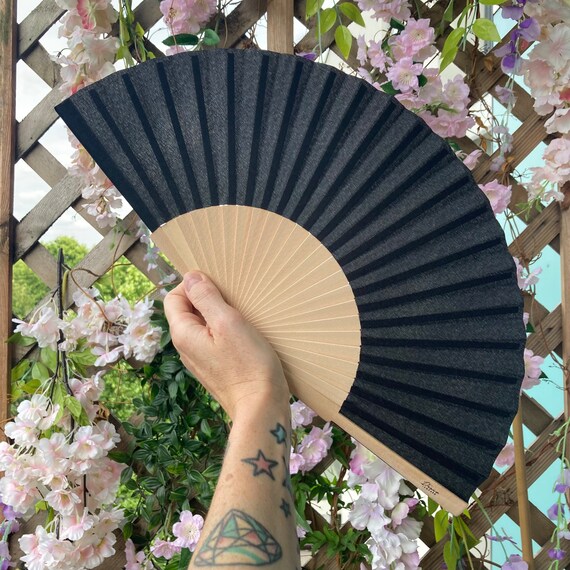 Black Folding Fabric & Wood Hand Fan