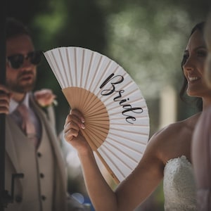 BRIDE Print White Folding Bamboo & Fabric Hand Fan for Hen or Wedding / Bachelorette / Gift image 3