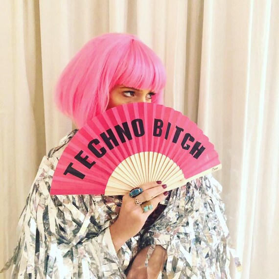 TECHNO BITCH Pink Wooden/ Fabric Spanish FoldingHand Fan