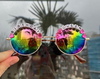 BIRTHDAY QUEEN Round Party Sunglasses - Custom Text Available