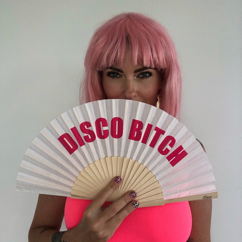 DISCO BITCH White /& Pink Wooden Fabric Spanish Folding Hand Fan