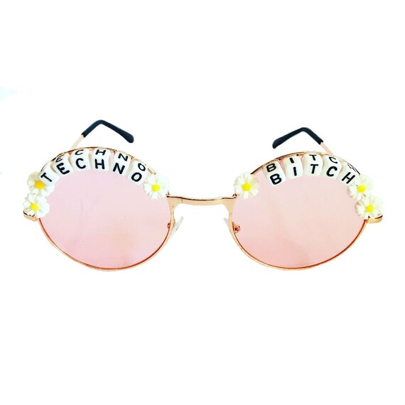 TECHNO <3 BITCH Round Colour Tint Festival Sunglasses - Custom Designs Available