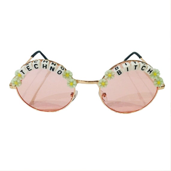 TECHNO <3 BITCH Round Colour Tint Festival Sunglasses - Custom Designs Available