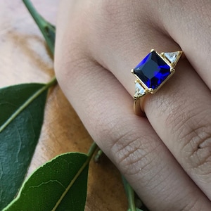 Christmas Gift Womens Gold Ring, Square Cut Sapphire Rings, Yellow Gold Engagement Rings, Wedding Gold Ring Sapphire, Solitaire Ring Gold