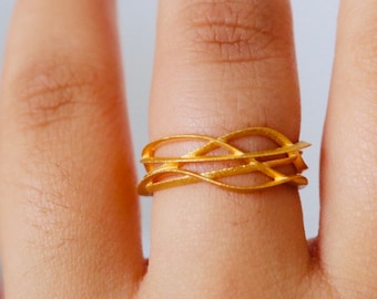 14 k Statement Ringe für sie, kurvige Ring, Ewigkeit Welle Band Ring, 14 k Gold feste Welle Ring, gebürstet Gold Ring für Frauen, einzigartige Drahtring,