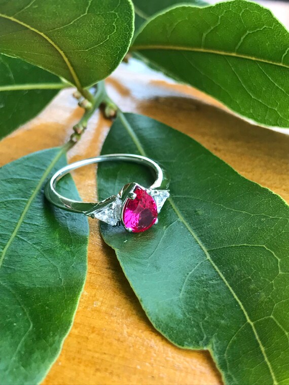 White Gold Ring for Her Christmas Gift Teardrop Ruby Ring