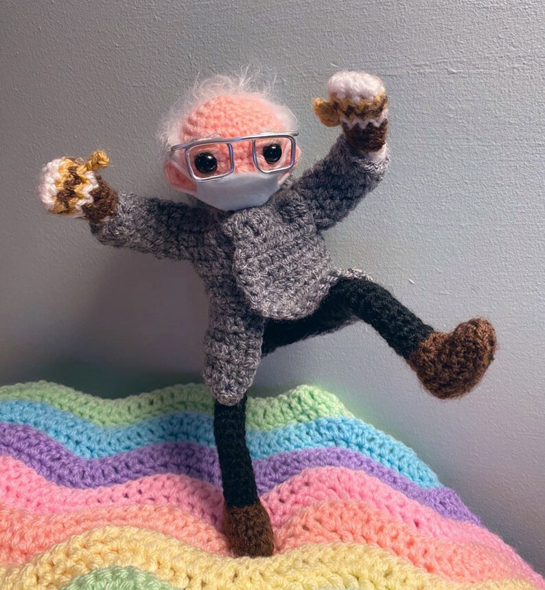 BERNIE SANDERS DOLL  with mittens  poseable crochet toy image 0