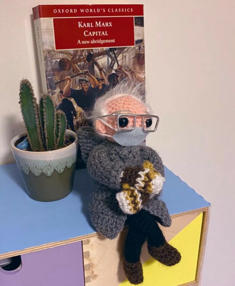 BERNIE SANDERS DOLL  with mittens  poseable crochet toy image 1