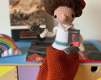 ROSA LUXEMBURG DOLL with miniature communist manifesto book - a poseable crochet toy wired inside and styled in Edwardian dress